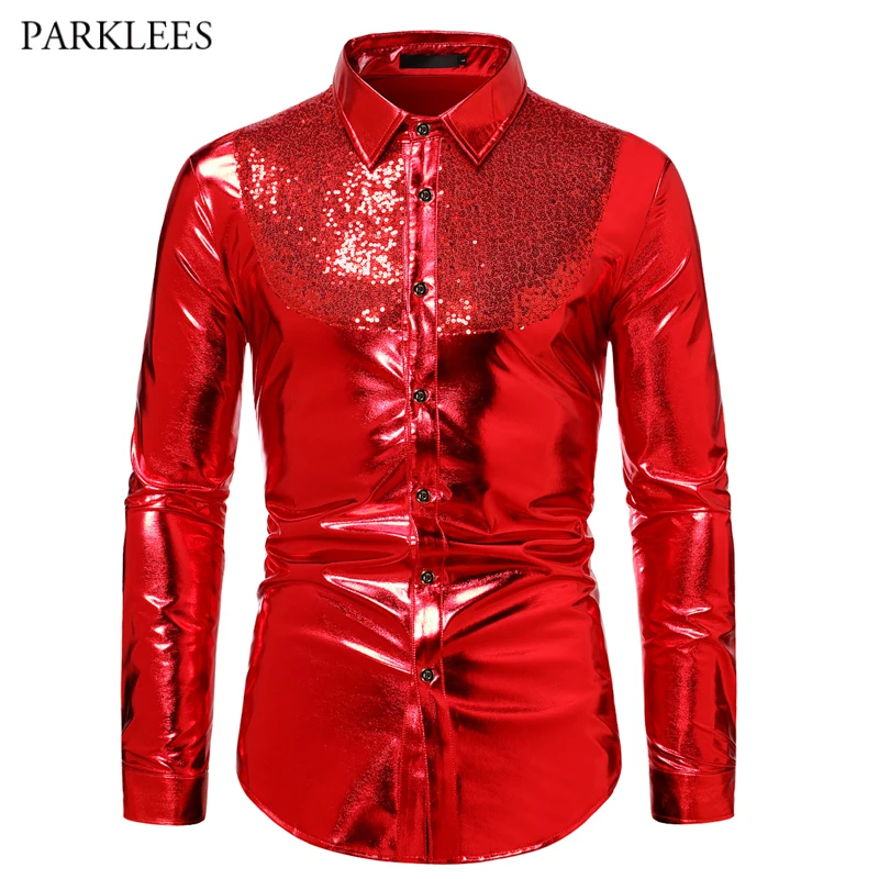 Shiny Red Metallic Sequin Bling Bling Shirt Men 70's Disco Dance Prom Mens Dress Shirts Christmas Halloween Party Costume Shirt