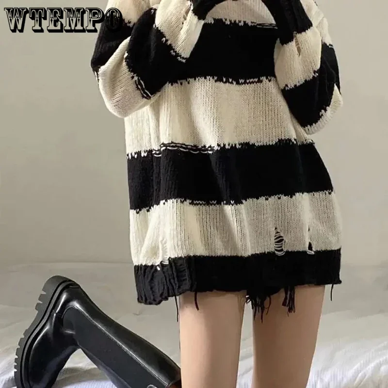 Gothic Punk Hole Sweaters Women Fashion Harajuku Oversize Pullover Sweater Knitted Jumper Fashion Striped Sweater Wholesale