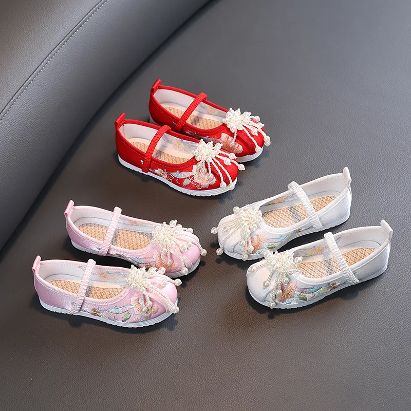 

Girls Dance Cloth oes Elastic Pearl Embroidery Hanfu oes Children's Traditional Costume Footwear Summer Polyester