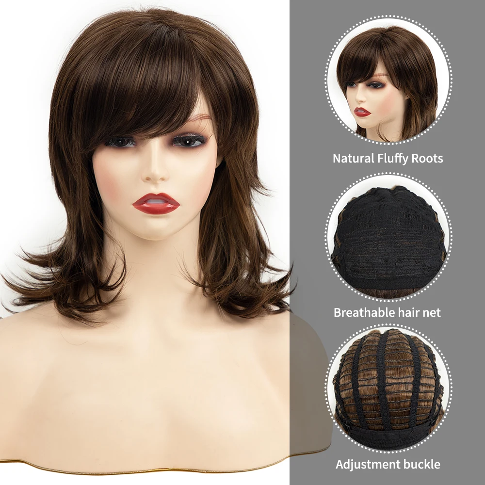 Short Straight Synthetic Wigs for Women Natural Wave Wigs with Side Bangs Cosplay Brown Hair Curly Bob Wig Heat Resistant