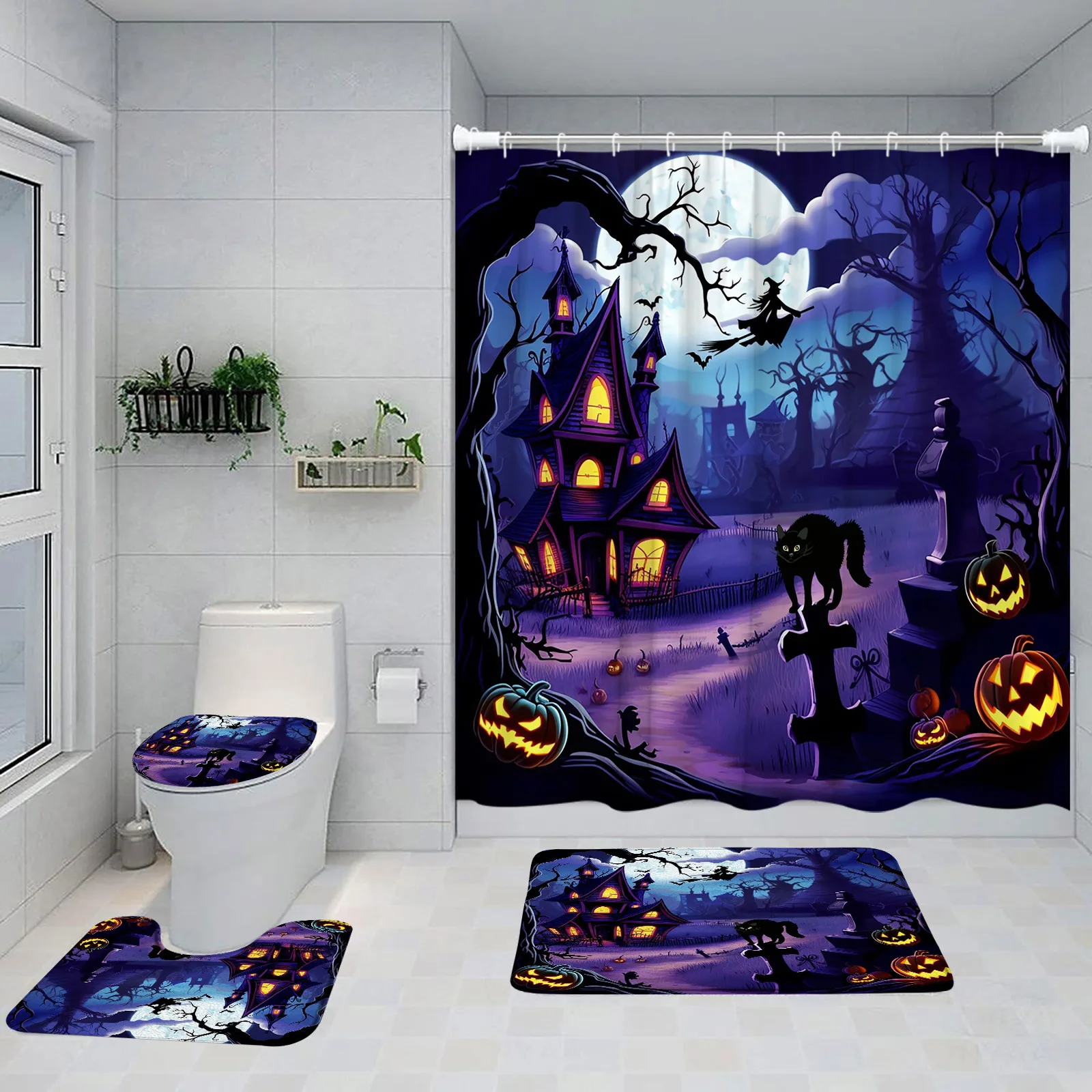 Haunted House Graveyard Halloween Shower Curtain Set Pumpkin Lantern Full Moon Night Ghost Bath Home Carpet Toilet Lid Cover