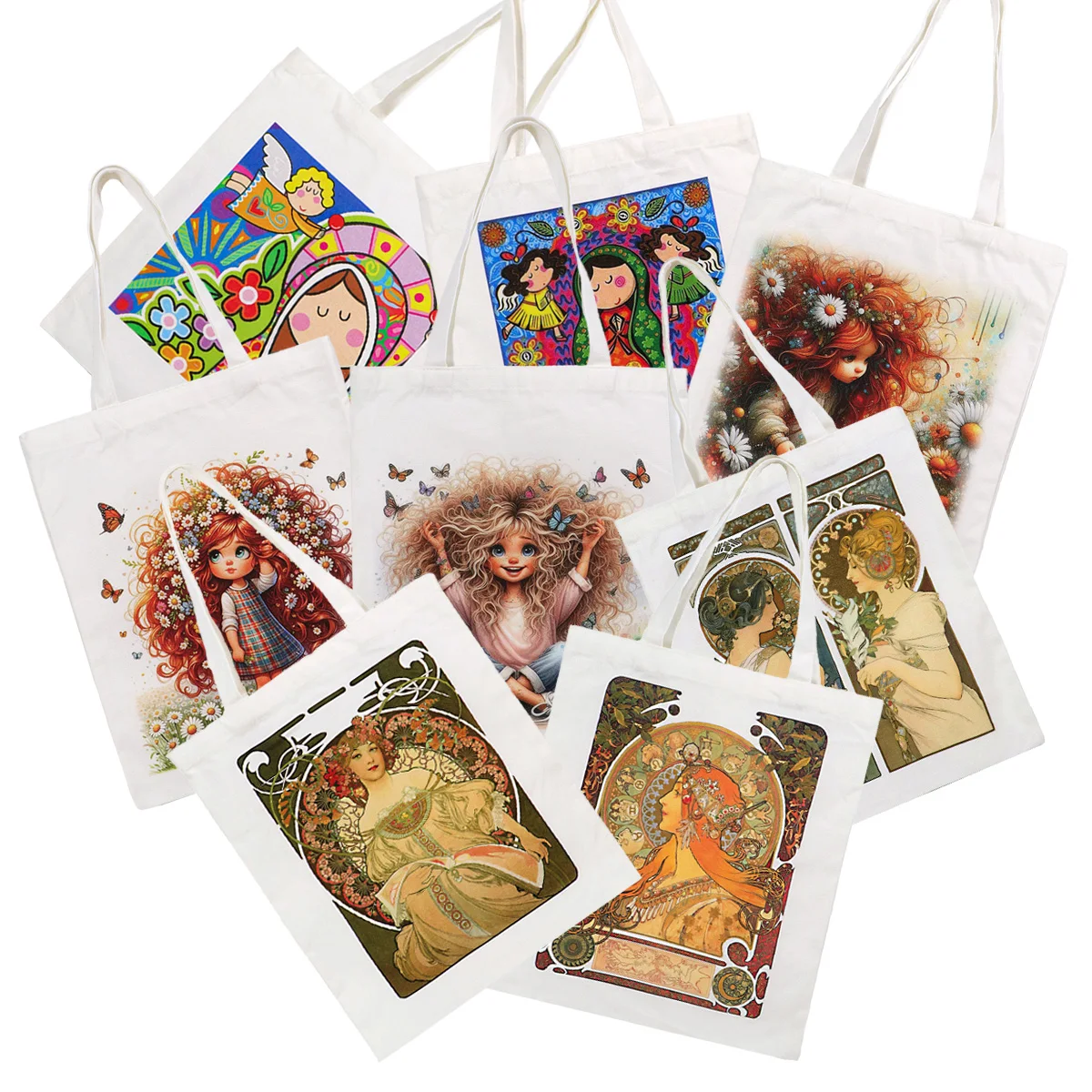 

Cute Girls Canvas Eco-friendly Shopping Bags Machine Washable Tote Bags White High-capacity Storage Bag Fashion Handbag Gifts