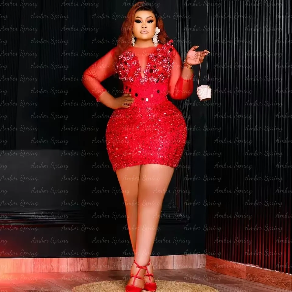 

2025 Customized Short Evening Dresses Beads Sequins Mini Party Prom Gown Long Sleeves Women Formal Wear Aso Ebi African