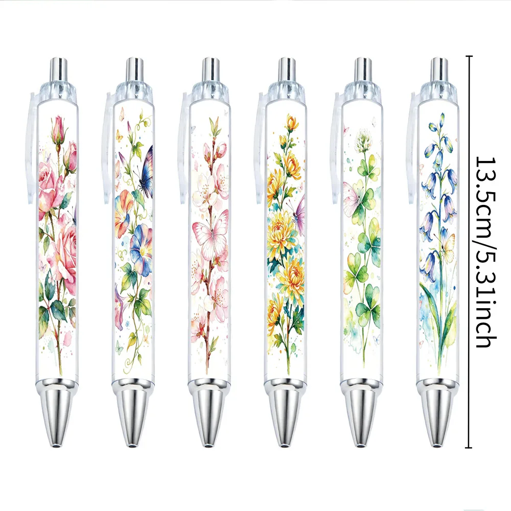 6Pcs Flower and Butterfly Themed Retractable Ballpoint Pens, Holiday Gift Pens with Random Designs