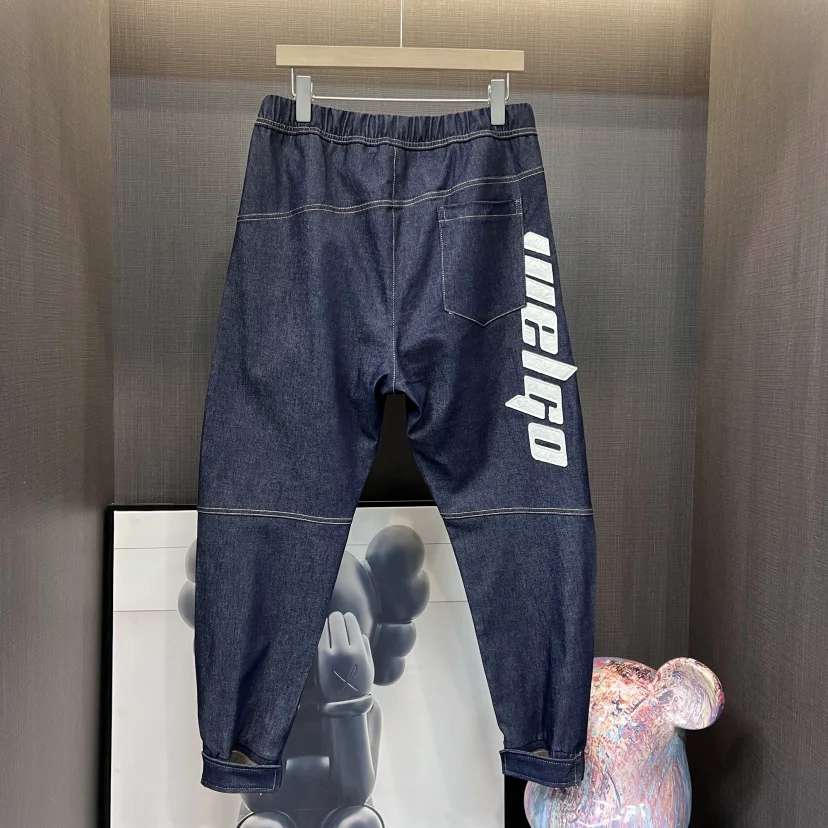 

Новые модные синие эластичные джинсы с отворотами, свободные повседневные брюки для мужчин, с высокой талией, из хлопкового денима, на шнурке