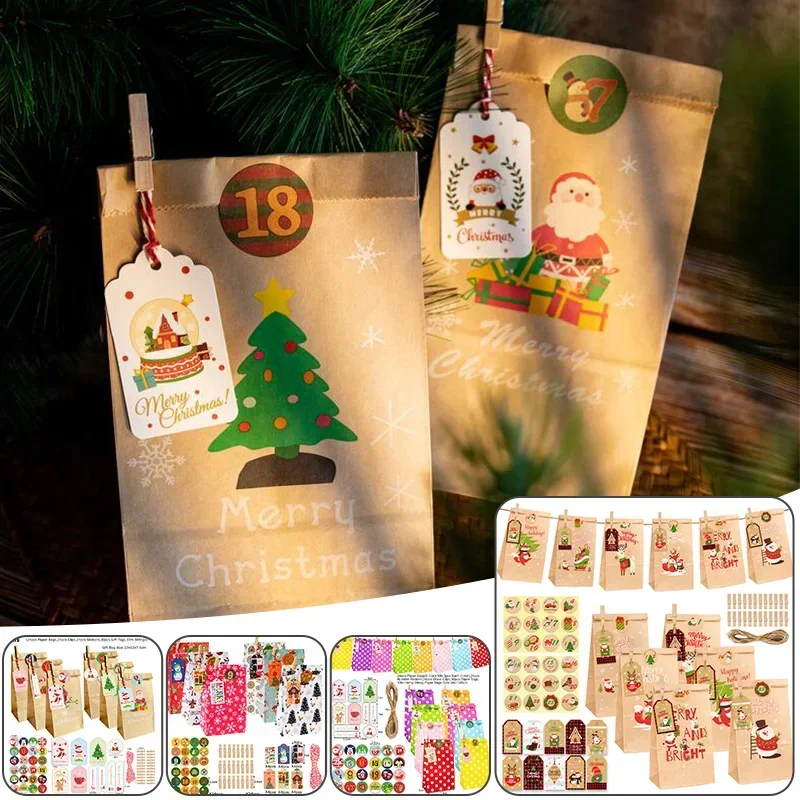 24pcs/Set Kraft Paper Bags with Stickers Snowflake Cookie Food Bag Merry Christmas Candy Gift Bag Xmas Decoration Packing