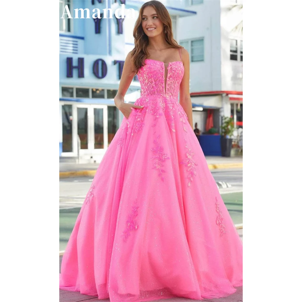 

Amanda Sweet Lace Embroid فساتين مناسبة رسمية Princess Hot Pink Ball Gown Vestidos De Noche Spaghetti Strap Puffy Prom Dress