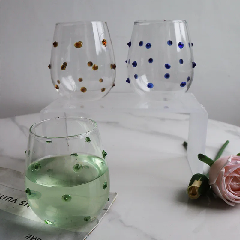 Creative Glass Cup Blue Dots Glass Design Mug Featured MugsMilk Juice Wine Coffee Cup Shot Glasses Cute Cups