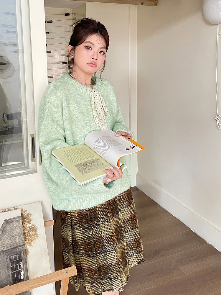 

Осенне-зимний свитер большого размера с узлом и завязками, модный женский топ, корейский стиль, свободный крой, длинный рукав