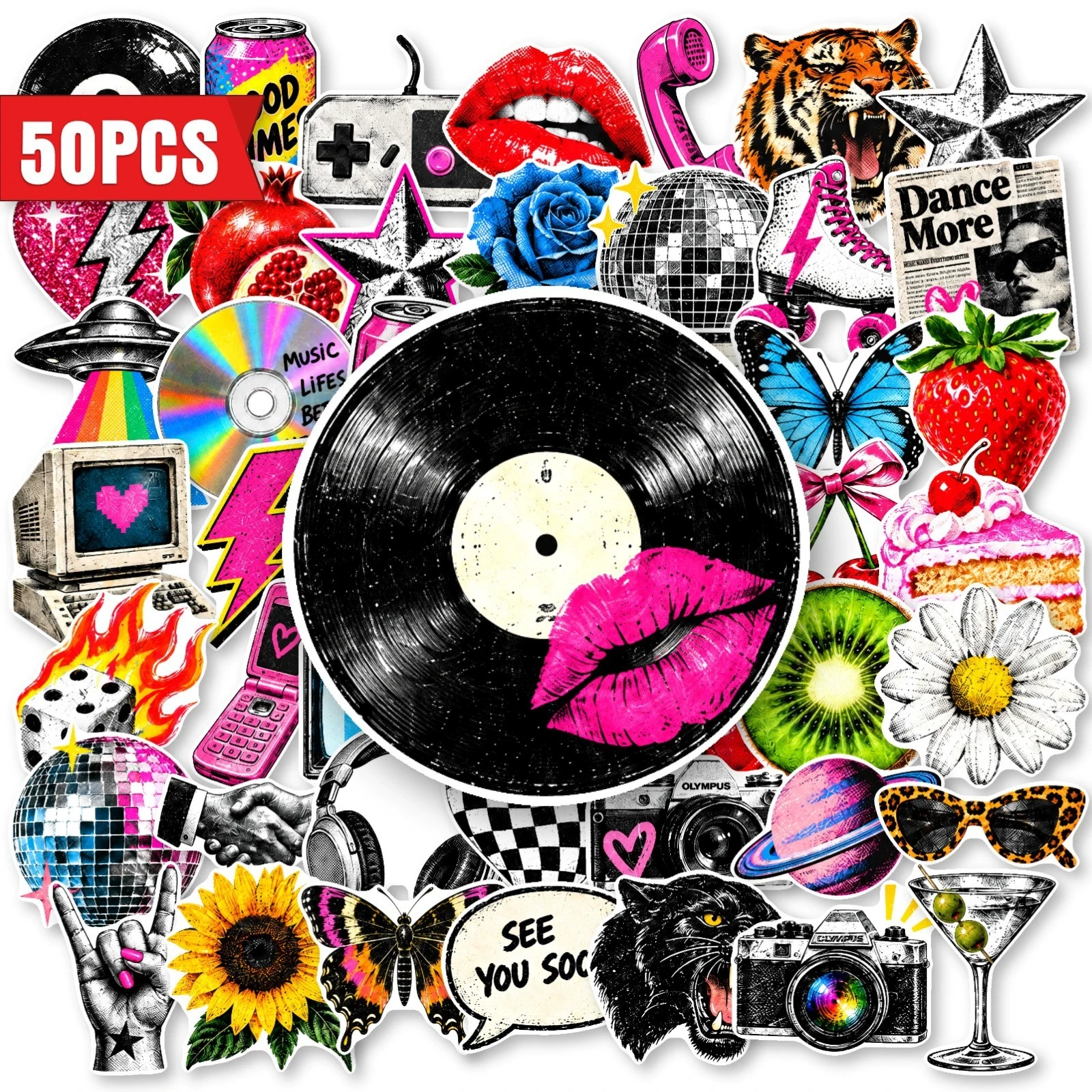 50pcs Vintage Disco Stickers 90s Retro Y2K Graffiti Waterproof for Notebook Phone Case Suitcase DIY Deco