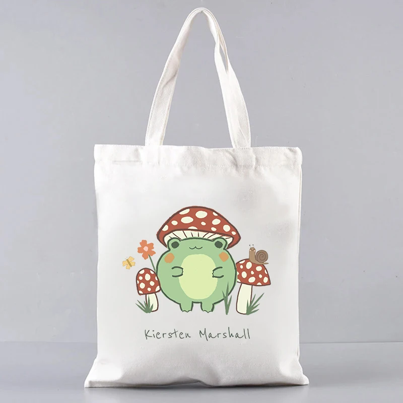 Kawaii Cartoon Mushroom Frog Trendy Canvas Tote Bag Large Capacity Reusable Shoulder Bags Women Travel Luggage Storage Clutch