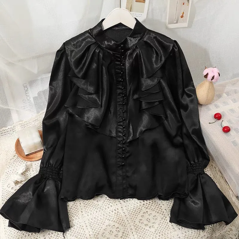 Women's Autumn Spring Shirt Ruffles Flared Sleeves Lolita Blouse Stand-up Collar Single-breasted Pearls Solid Luxury Womens Tops