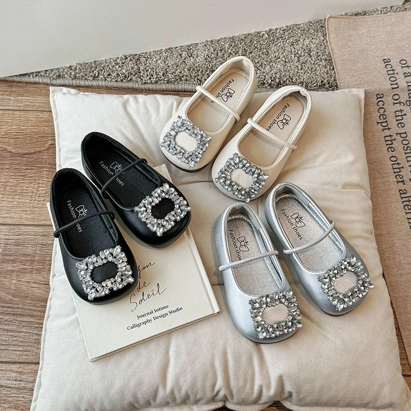 2-14Y Loafer Shoes for Girls Child Ballerina Flats Kids Diamond Mary Janes Party Dress Shoes Princess Elegant Shoes Black Silver