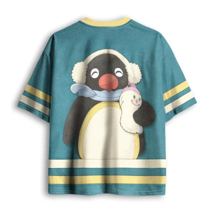 Cute Cartoon Penguin Print Mesh V Neck Short Sleeve Tshirt Men Summer Loose Streetwear Top