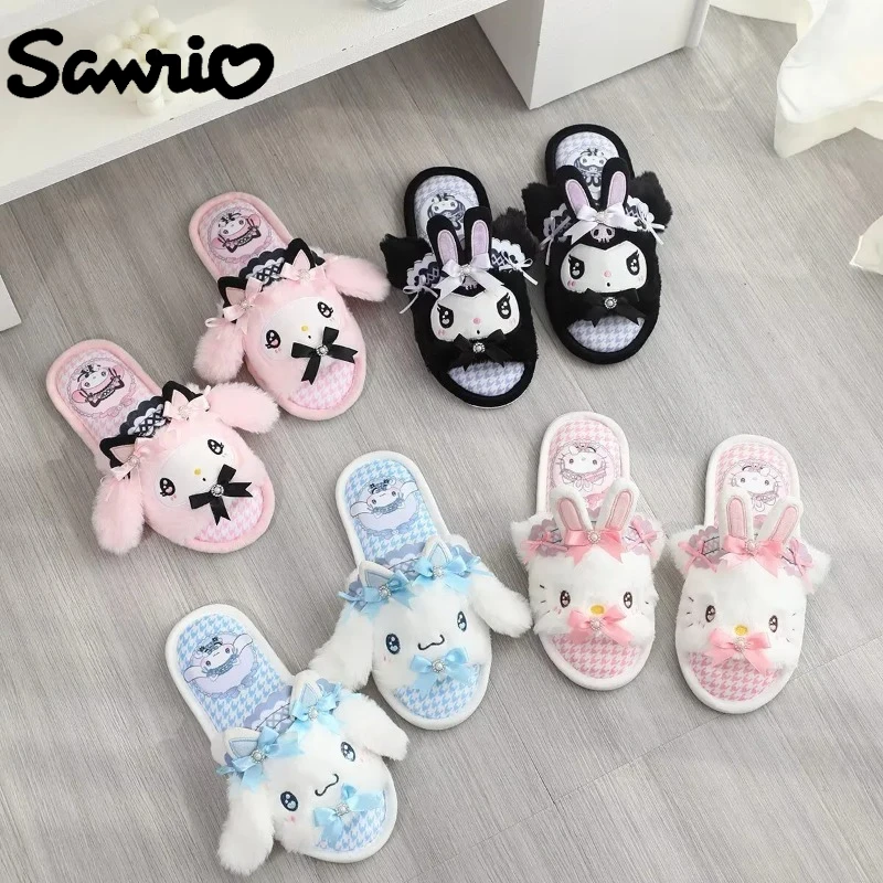 

Sanrio Hello Kitty тапочки Kawaii аниме аксессуары с вышивкой и принтом сандалии с открытым носком мужские и женские домашние подарки