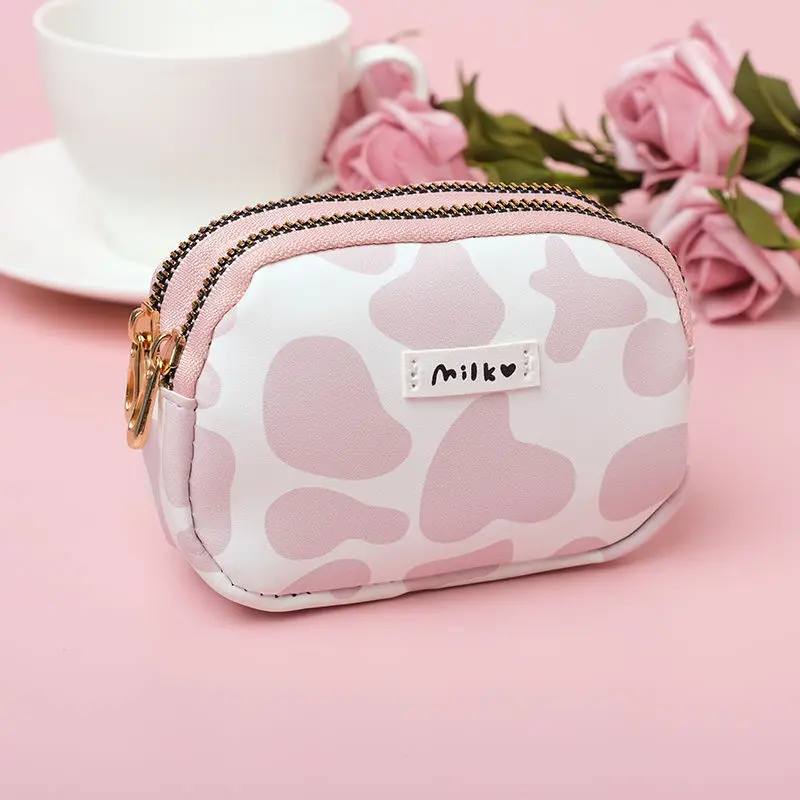 Cute Cow Pattern Coin Purse for Women Card Wallet Students Double Pocket Zipper Key Bag Portable Lipstick Bank Card Storage Bag