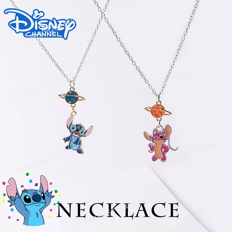 Disney Stitch Necklace Planet Cartoon Figure Angel Kawaii Pink Blue Saturn Pendant Jewelry Children's Accessories Birthday Gifts