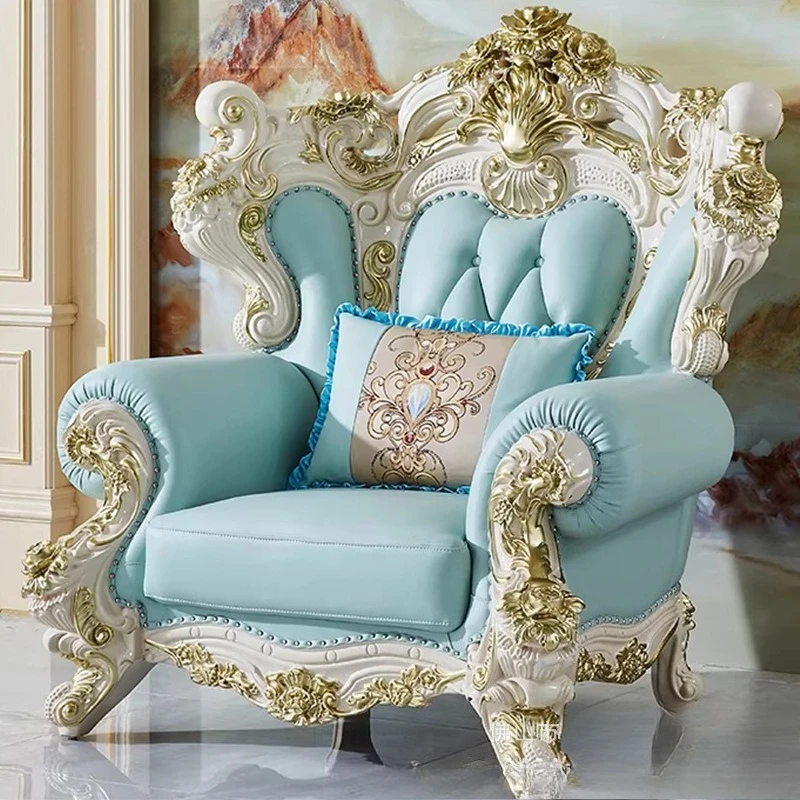 High-end Luxury European Sofa Combination Large Villa Living Room French Imported Solid Wood Carving Flower Top Layer Leather So