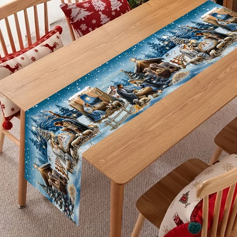 Winter Christian Prayer Town Godmother scene Linen eco-friendly table runner set, ideal gift for holiday dinner and decoration