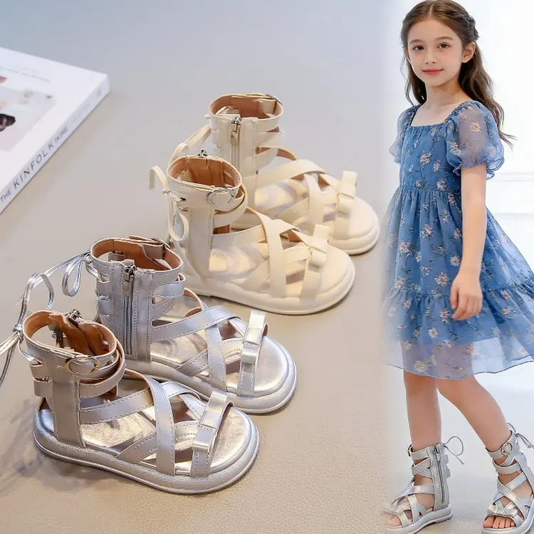 Girls Strappy Gladiator High Sandals, Back Zipper Bow Decor Thick Platform Sole For Summer Walking Outdoor Outings For Girls