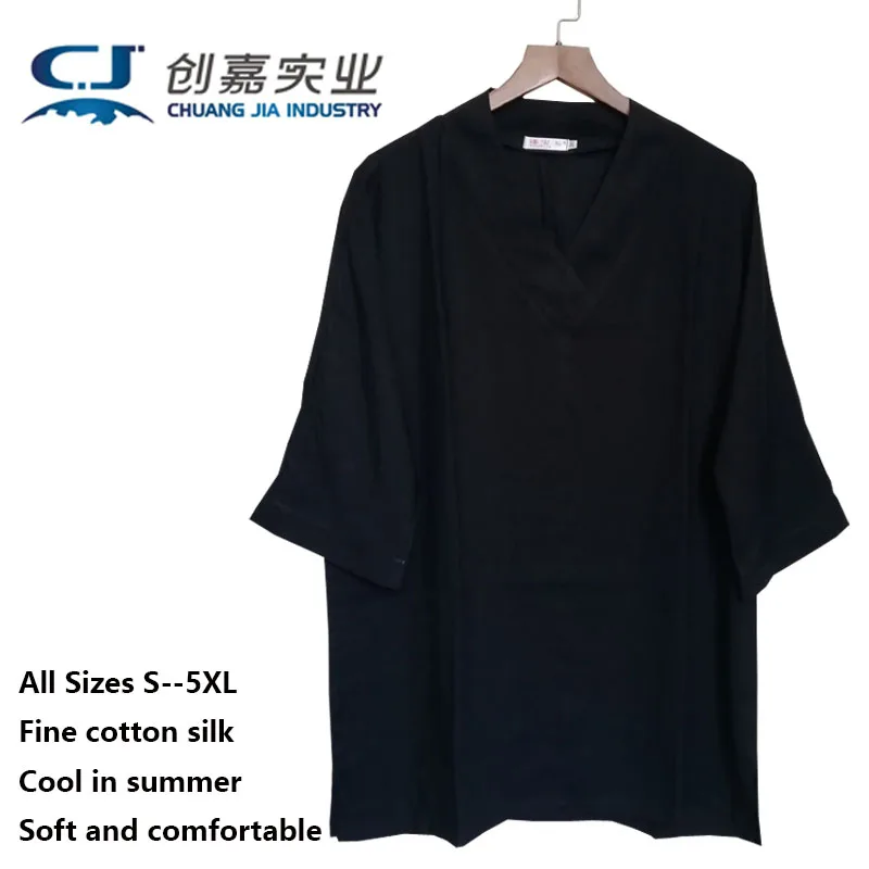 Cotton Silk Summer Men's Medium Sleeve V-neck Top Loose Casual Retro Chinese Style Tea Tasting Comfortable T-shirt Medium Length