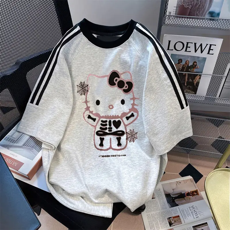 Hello Kitty Stripe Raglan Short Sleeve T-shirt Women KT Cat Summer Cotton Loose Casual Top Cartoon Anime Sanrio