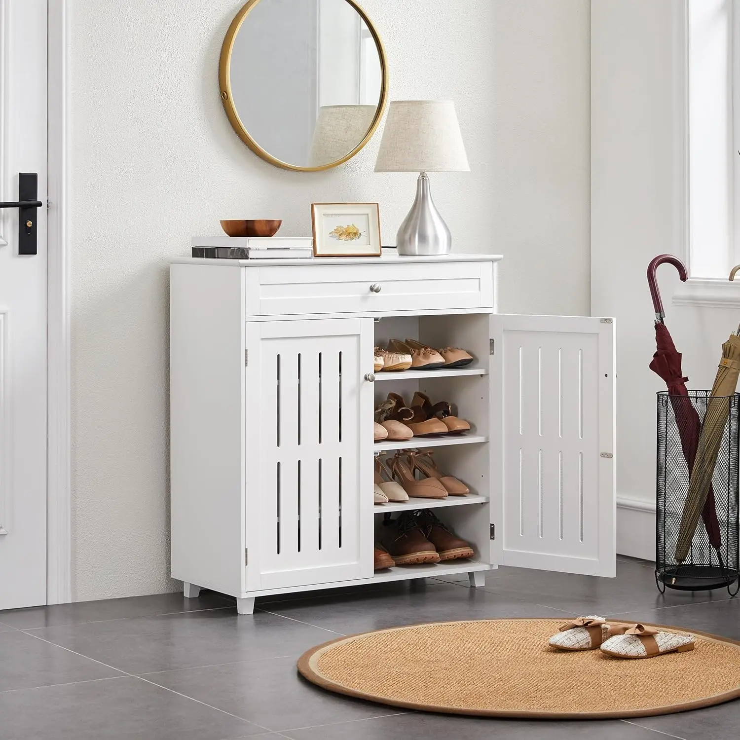 Shoe Cabinet, 4-Tier Shoe Storage Cabinet with Drawer & Adjustable Shelves, Wooden Shoe Rack Organizer with Louvered Doors