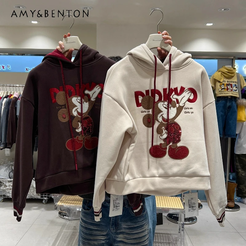 

Y2k Cartoon Stylish Winter Fleece Sweatshirt For Women 2025 New European Style Heavy Industry Embroidery Thickened Hooded Jacket
