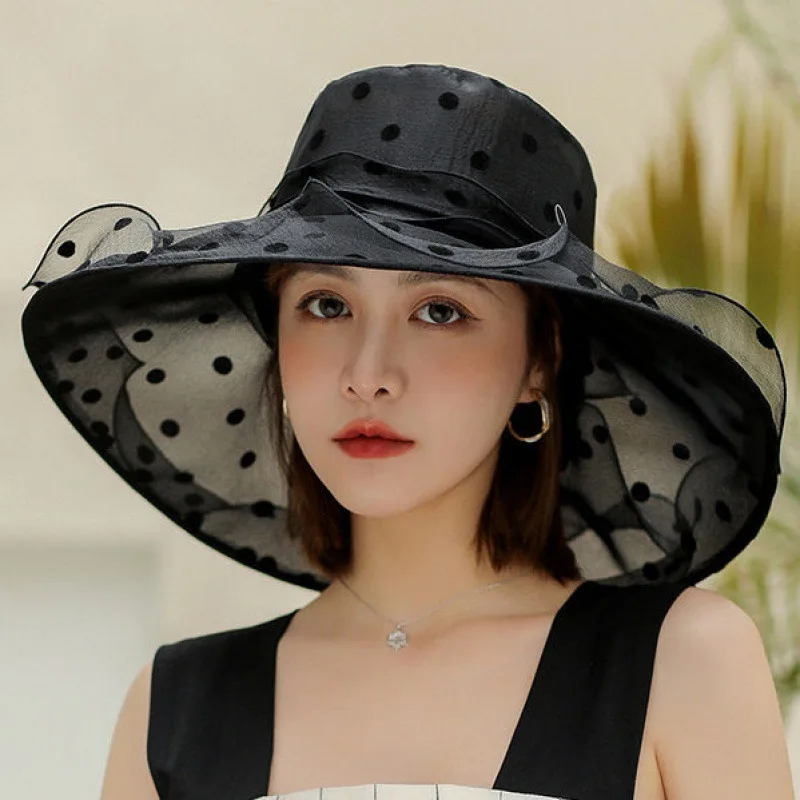 2022 New Ladies Elegant Flower Church Hats Summer Large Wide Brim Fedora Hat For Women Organza Hat Beach Sun Kentucky Derby Hat