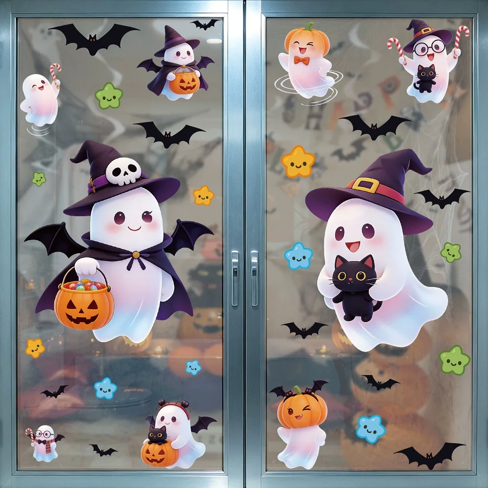 Halloween Decoration Cartoon Ghost Bat Pumpkin Window Stickers PVC Static Declas for Home Living Room Glass Door Showcase