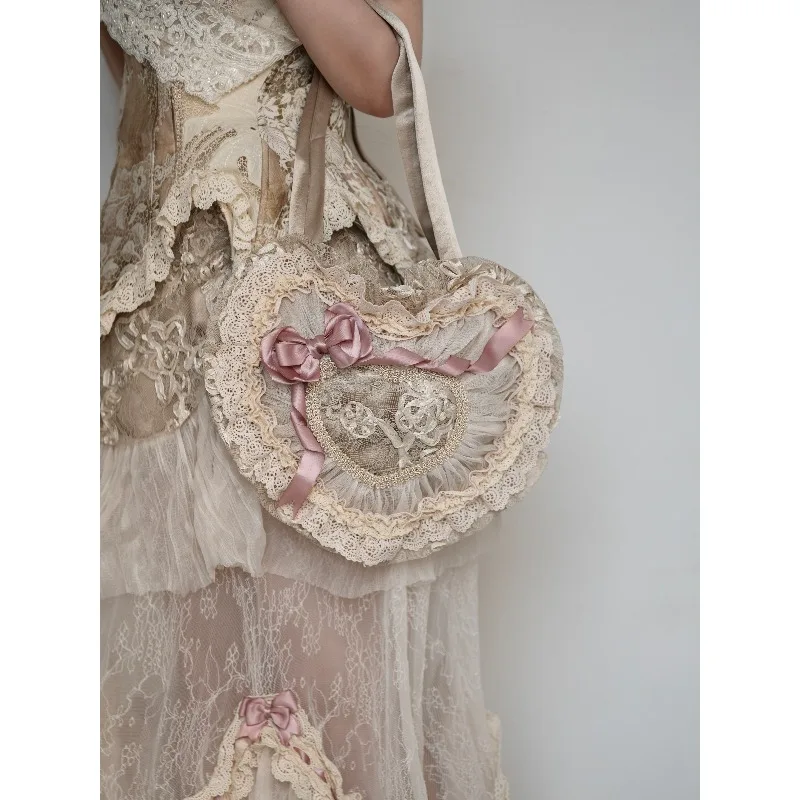 Spring 2026 Vintage Love Bags Sweet Lady Lolita Elegant Bow Lace Ruffled Edge Shoulder Bag Doll Lace Handbag for Women