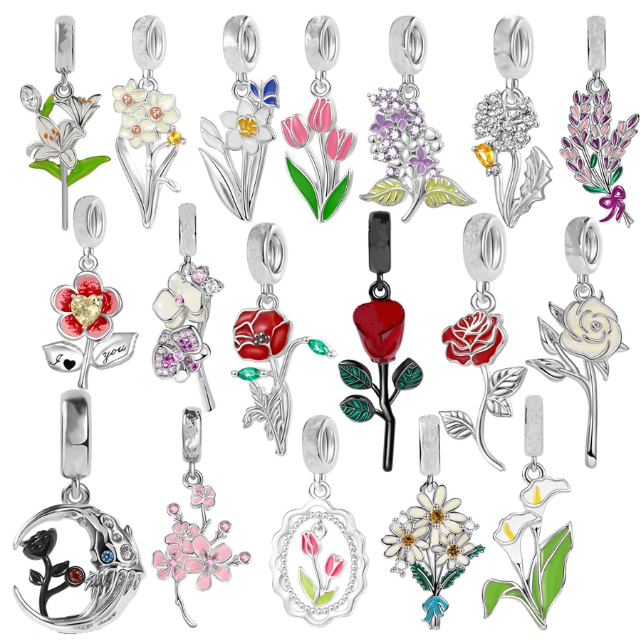 New Charm Beads Black Red Rose Daisy Lily Plum blossom Tulip Lavender Fit Original 925 Sterling Silver Bracelet DIY Jewelry Gift