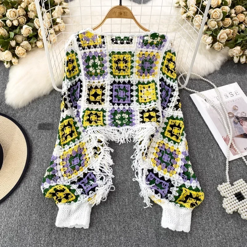 المرأة س الرقبة الجوف خارج محبوك سترة ، اللون حجب البلوزات ، فانوس كم ، شرابة البلوز ، شيك ، دروبشيب