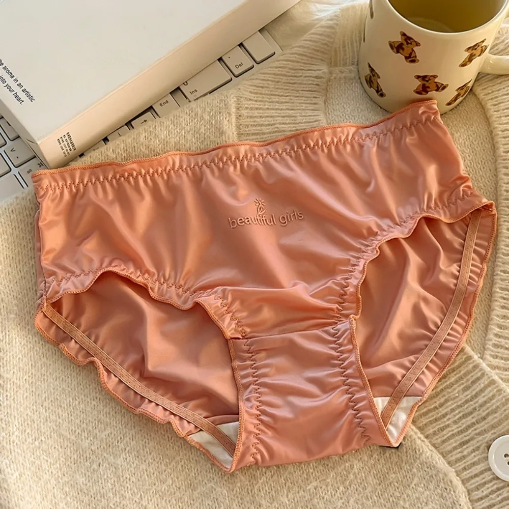 

Solid Color Ice Silk Embroidery Letter Panties Mid Waist Cotton Crotch Women's Ruffle Satin Silk Briefs Female Underwear