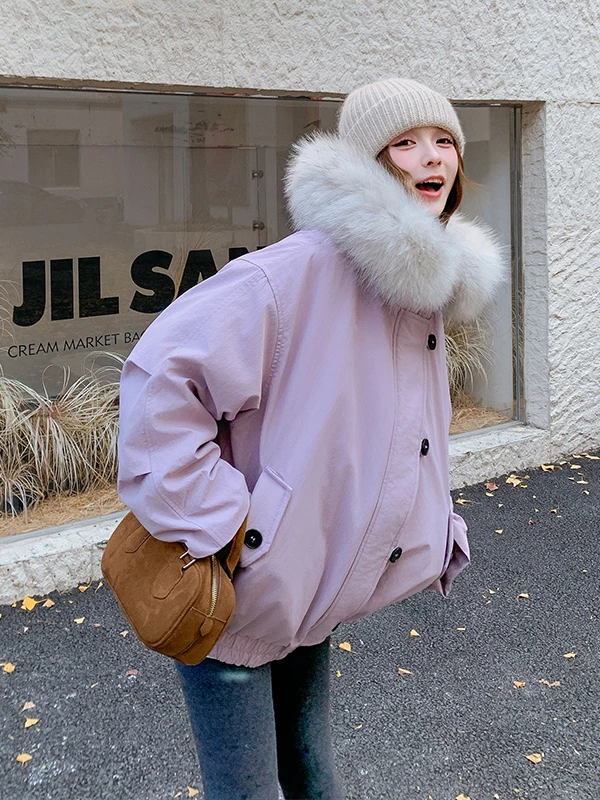 Casaco de Inverno Feminino com Gola de Pele Grande Roxa, Estilo Casual, Ajuste Solto, Comprimento Regular