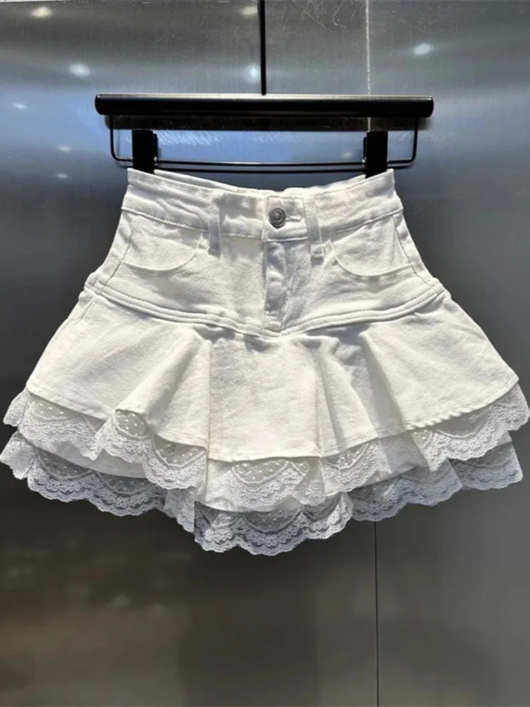 

Korean Style Sexy Lace Patchwork Denim Skirt White High Waisted Fluffy Cake Skirt Fashion Versatile Short Skirt 2025 Summer New