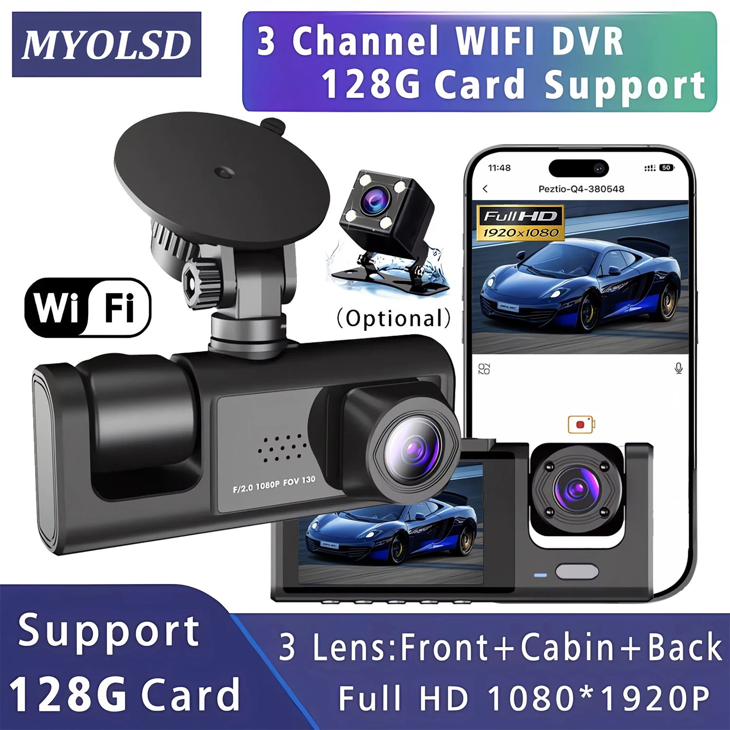 Cámara para Auto WIFI-3, Dashcam FHD 1080P, Grabadora de Video, DVR para Auto, Cámara Frontal y Trasera, Visión Nocturna, Caja Negra
