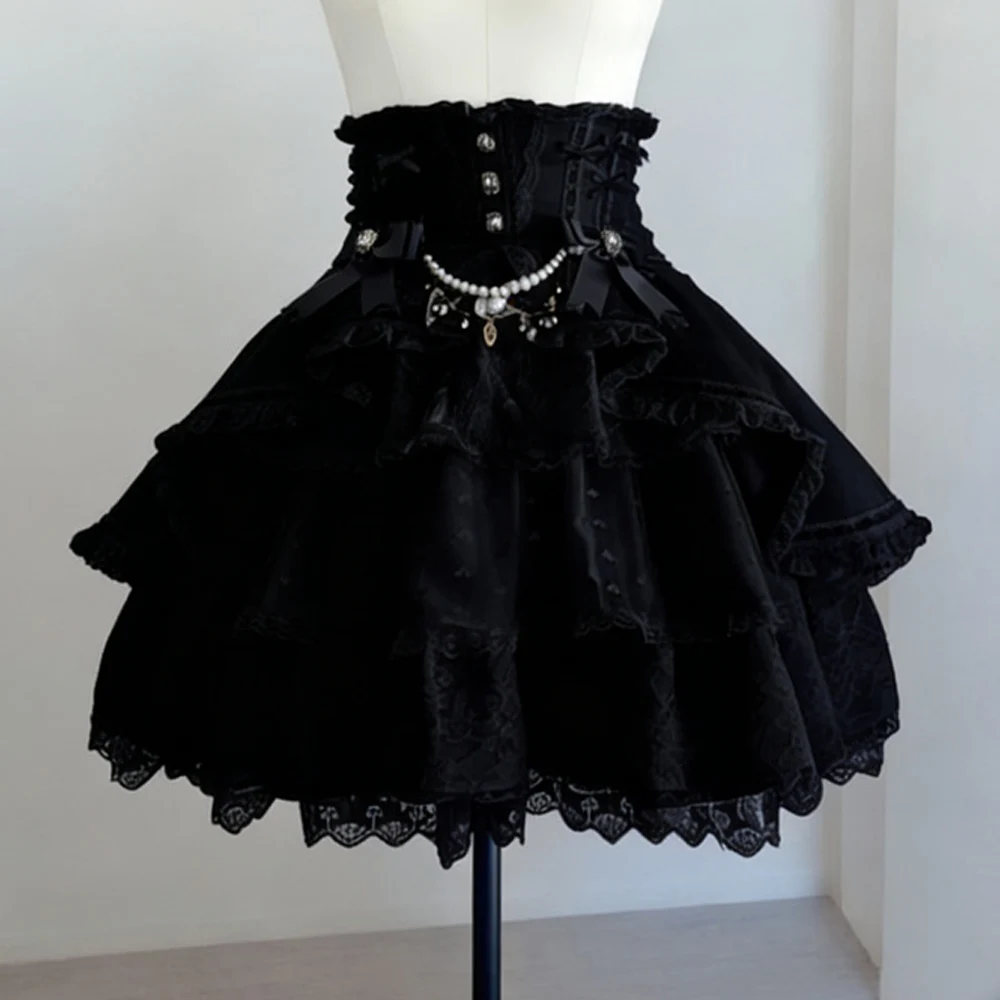 Gothic Lolita High Waist Skirt Layered Ruffle Mini Skirt with Lace Trim Pearl Chain Bow Dark Princess Skirts