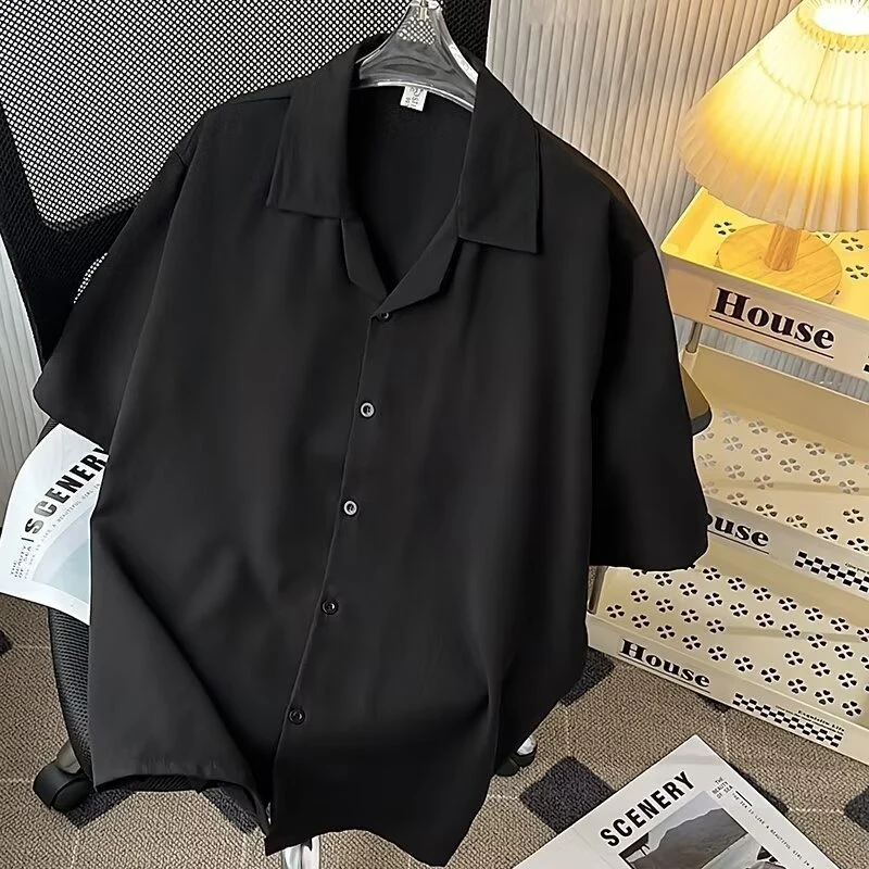 Men's Summer Short Sleeve Pleated Ice Silk Shirt, Quick-Dry, Loose Cuban Collar Shirt, Trendy Design Stylish Top