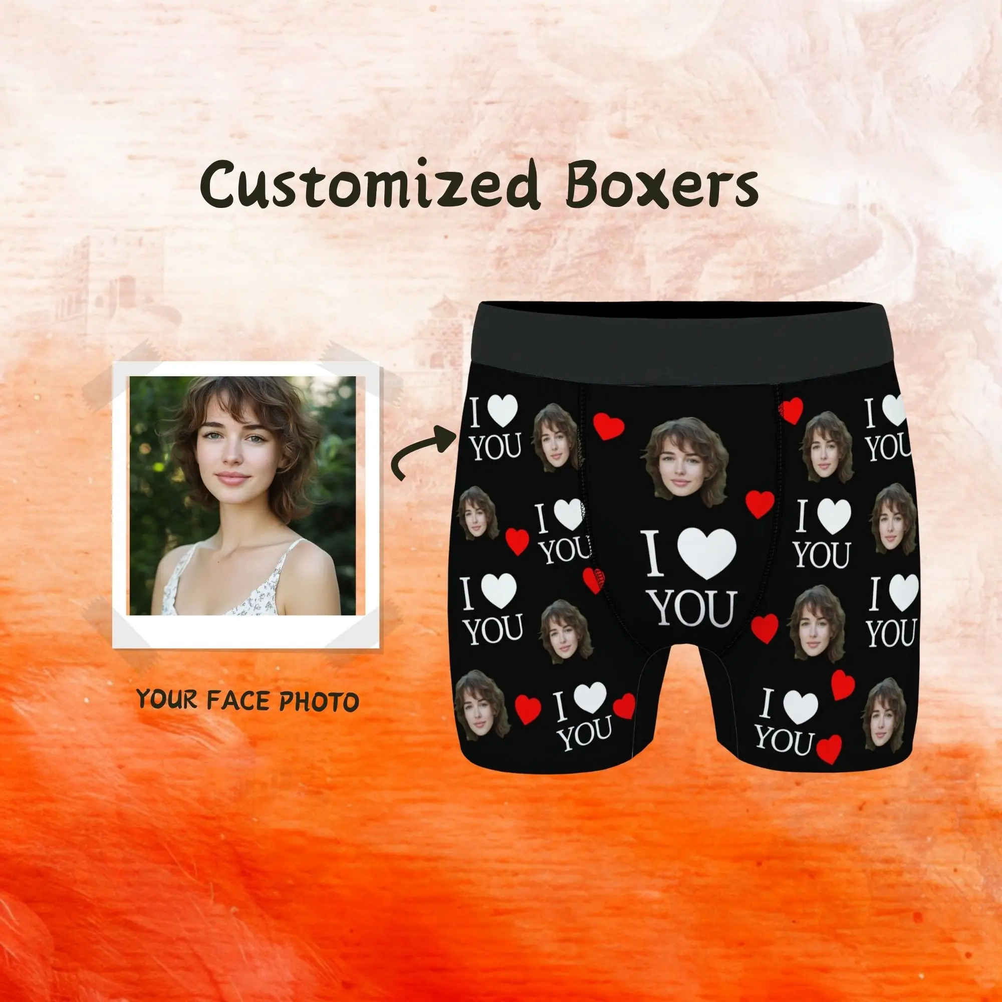 

Men's Custom Face Boxer Briefs Black "I Love you" print & Red White Heart Love Theme Special Occasion Underwear for Husband Gift
