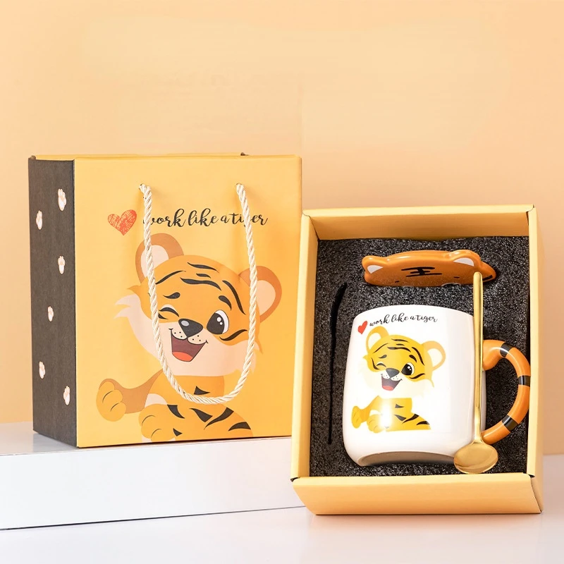 Creative Ceramic Mug Cute Cartoon Tiger Mug Gift Box with Lid Spoon Cup Set Cute Coffee Mug and Mug Coffee Mug with Lid