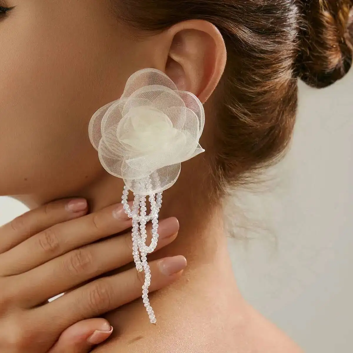 KunJoe Romantic Yarn White Flower Earrings for Women Bridal Elegant Rose Floral Ear Stud Bead Tassel Earrings Wedding Jewelry