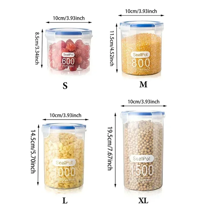 S/M/L/XL Size Transparent Plastic Sealed Food Storage Pots Kitchen Grain Candy Spice Jars Storage Containers for Kitchen