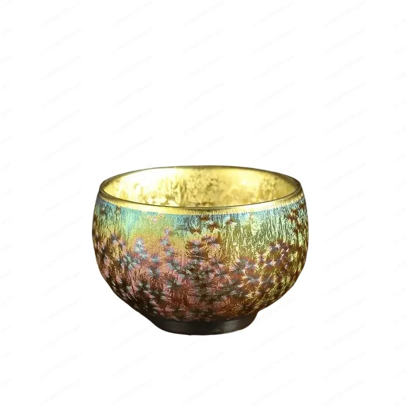 Jian Zhan Master Cup Tenmoku, Thousand-Color Kiln Change Glaze Ceramic, Gold Silver Gilded Tea Cup