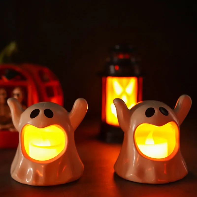 Halloween LED Electronic Candle Light Modern Black White Ghost Night Lamp Plastic Decoration for Creepy Prop Halloween Ornament