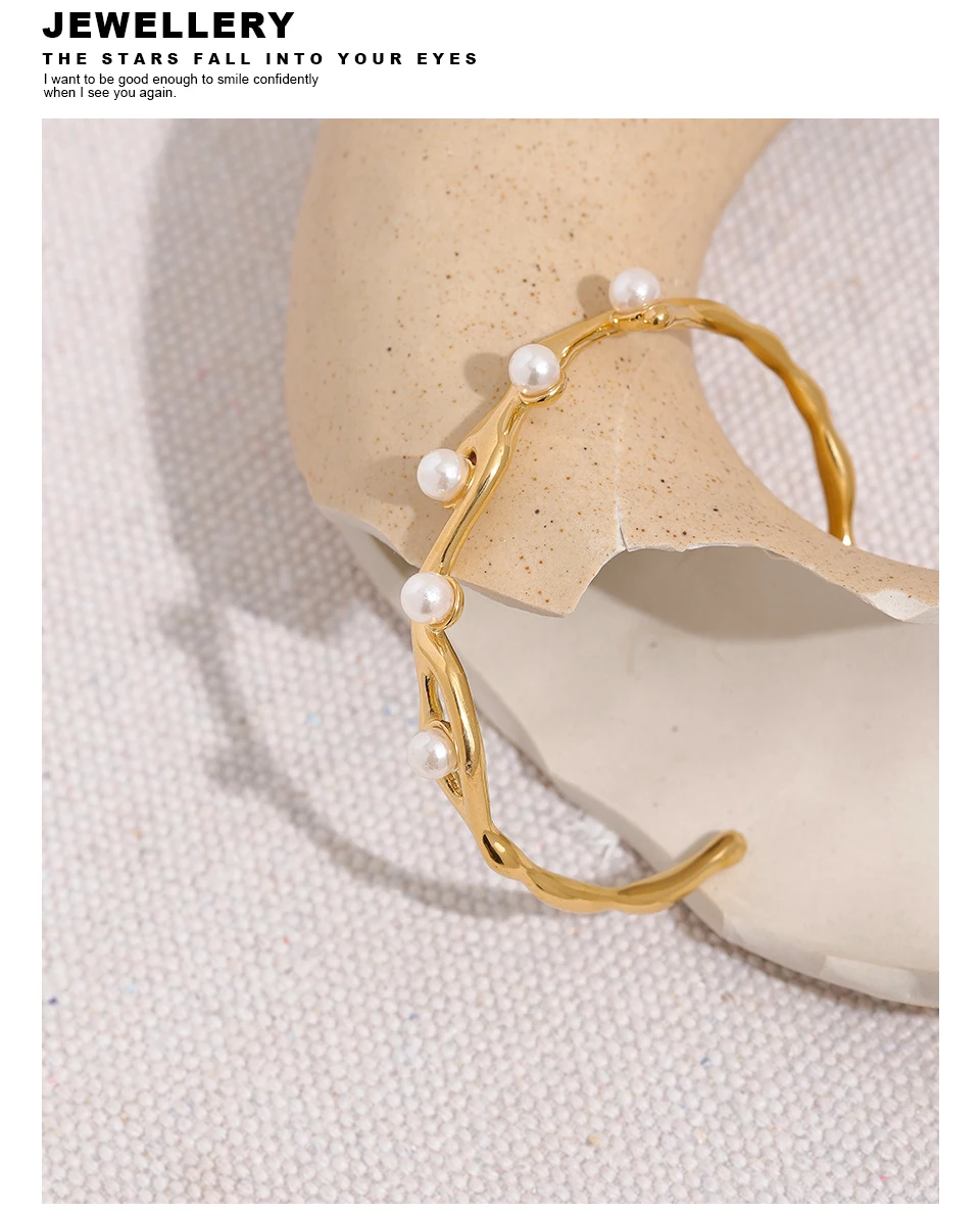 Yhpup Elegante Imitation Perlen Gold Farbe Edelstahl Twist Manschette Armband Armreif Wasserdicht Charme Schmuck für Frauen Geschenk – Detail 6
