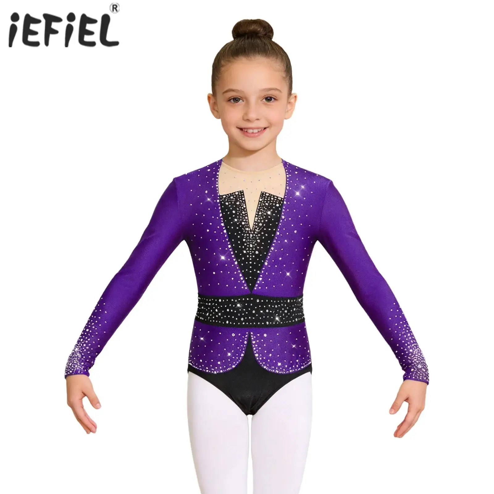 

Детский блестящий балетный купальник с длинными рукавами и стразами для девочек, гимнастический костюм для выступлений, одежда для фигурного катания, танцевальная одежда
