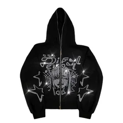 Women Rhinestone Y2K Cartoon Hoodies Punk Jackets Streetwear Goth Harajuku Oversized Zip Up Hoodie