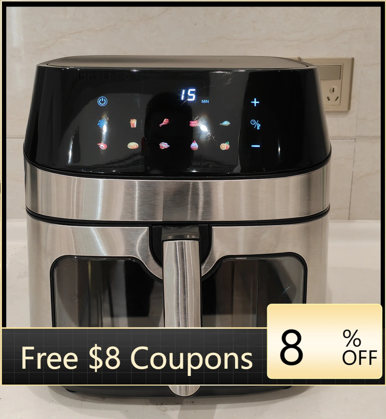 

8L Large Size Air Fryer Full Stainless Steel LED Display Screen Smart Air Fryer 2 Elements