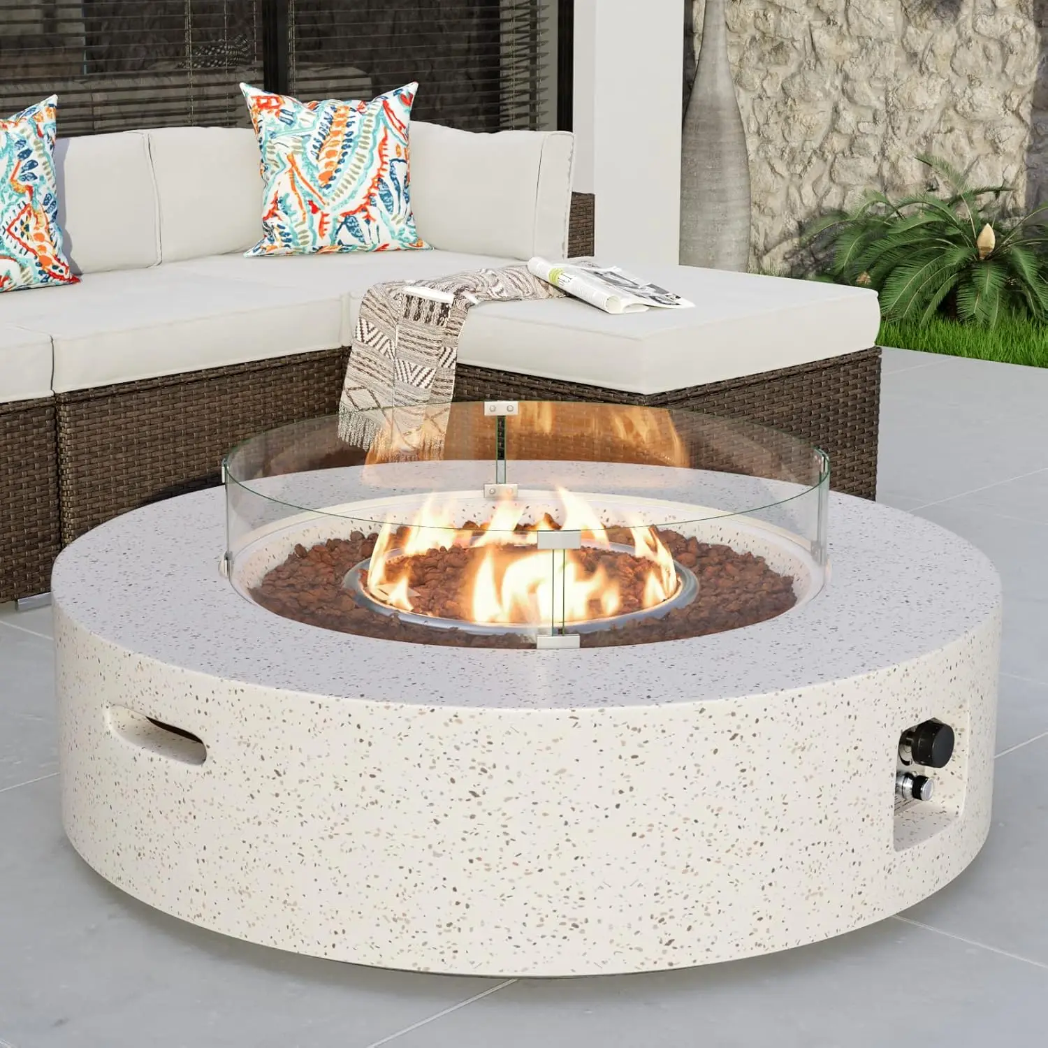 

COSIEST Outdoor Propane Fire Pit Coffee Table w Beige 40.5-inch Round Base Patio Heater, 50,000 BTU Stainless Steel Burner, Wind